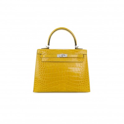 HERMÈS MASTER KELLY 25 NILE CROCODILE LEATHER AMBER YELLOW SILVER BUCKLE (25*17*7cm) 